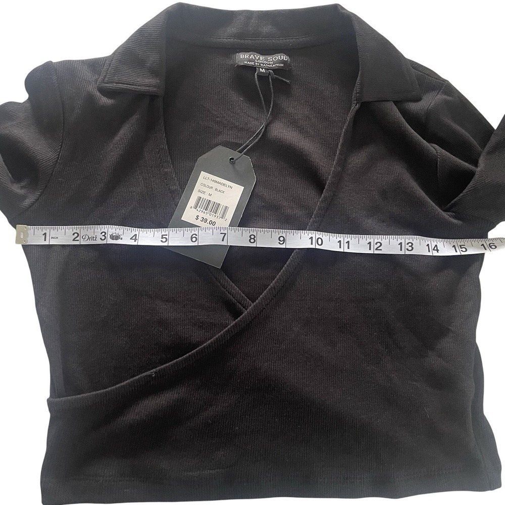 Brave Soul London Madelyn Black Ribbed Wrap Front Long Sleeve Crop Top M NEW - Picture 10 of 11
